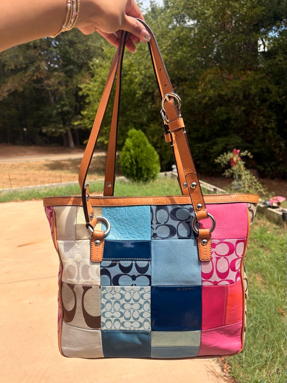 Coach Patchwork Signature Tote in Pink, Blue, Tan and Cream